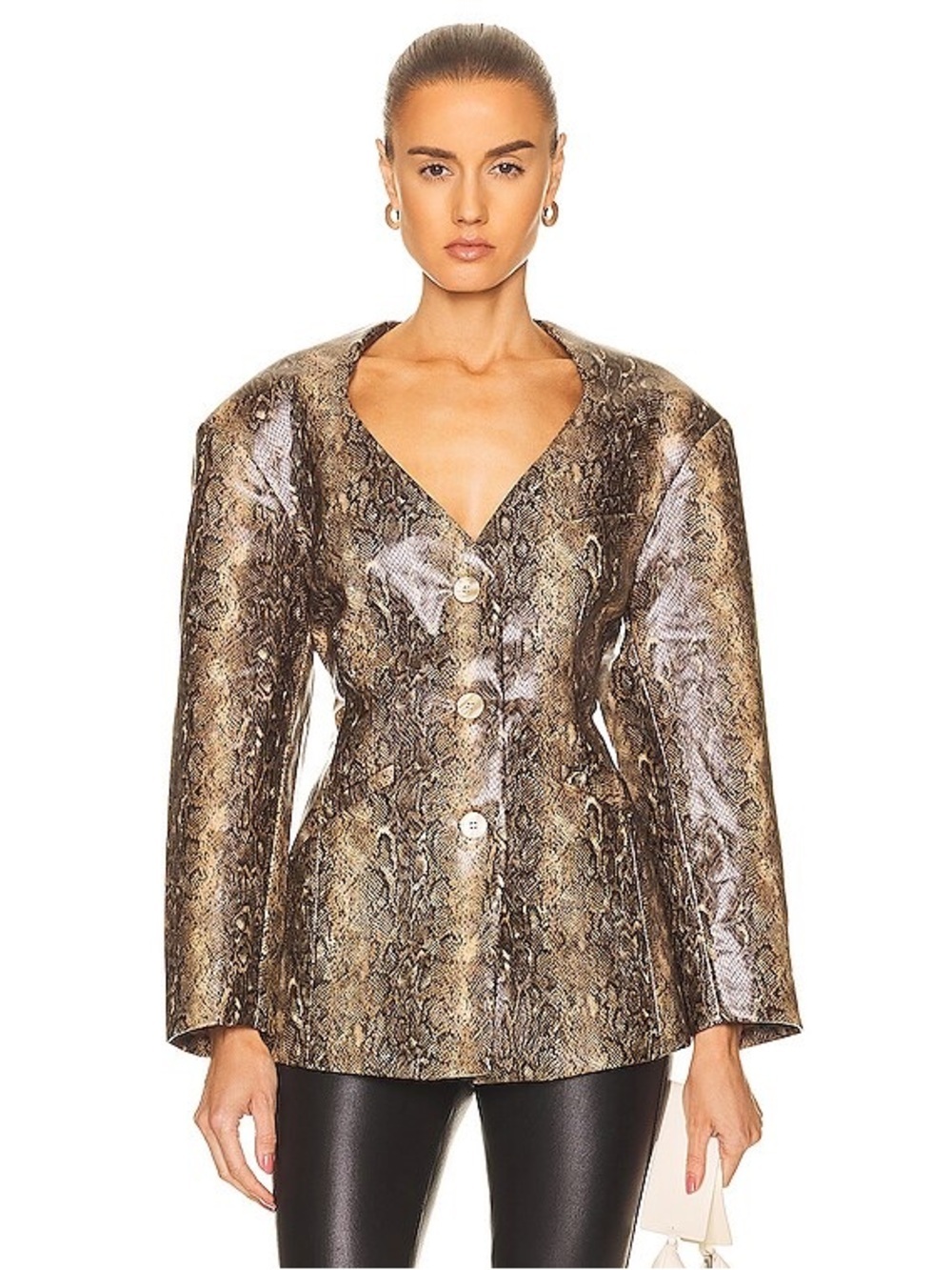 Ganni Metallic Snake-Print Blazer in Brown